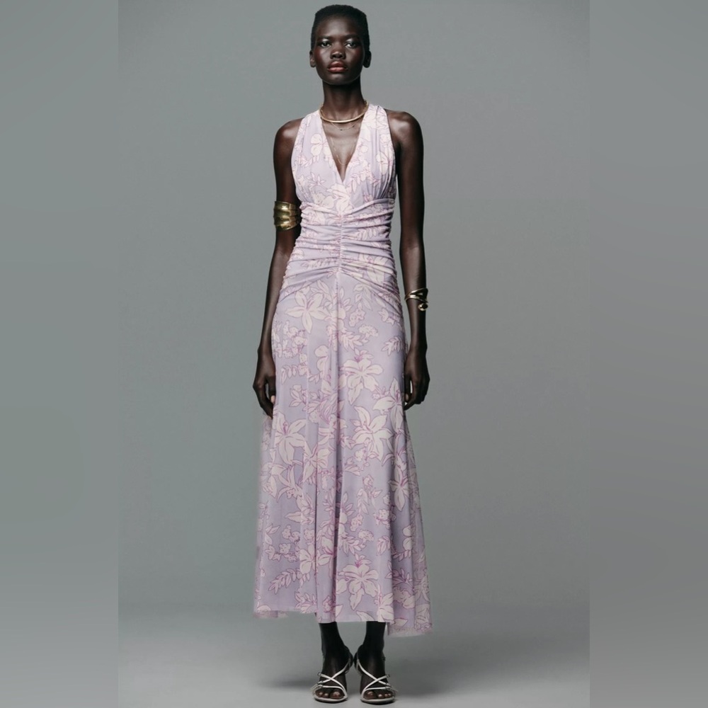 Zara printed halter neck tulle maxi dress